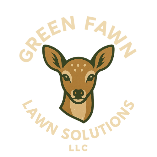Green Fawn Lawn Solutions LLC logo: a fawn inside the company name
